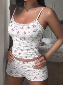 Girlism Teen Girls Spring& Summer,Valentine Day Clean Girl,Cute, Casual Ditsy Floral Ruched Slim Fit Spaghetti Strap Mini Shorts Two Pieces Set,Vintage