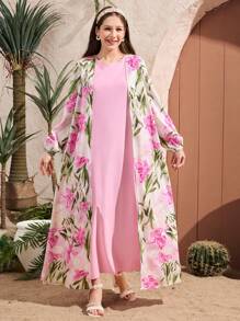 Teen Girls 2 Pieces Set: Flower Print Sleeveless Dress And Long Casual Jacket - Purple - View 5