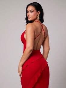 Silquee 春夏度假纯红色，浪漫情人节约会勃艮第红色，酒红色休闲连衣裙，女士荷叶边下摆不对称吊带裙，情人节约会连衣裙，派对连衣裙，婚礼伴娘连衣裙，舞会连衣裙，日常通勤连衣裙，红色连衣裙，生日迷你连衣裙 - 紅色 - 查看 3