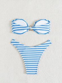 Swim Mod 2pcs Women Striped Colorful Unique Material Starfish Decor Bandeau Design Vacation Style Bikini Swimwear Set For Summer