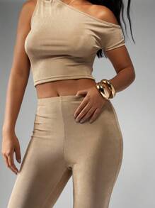 MISSGUIDED Elegant One-Shoulder Capri Length Loungewear Set Textured Bodysuit With Fitted Leggings Evening Party Two-Piece Outfit Club Dance Performance Ensemble - Khaki - View 6