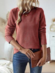 EMERY ROSE 女士休闲条纹圆领长袖宽松T恤，秋季图案T恤女士春季上衣 - 紅色 - 查看 5