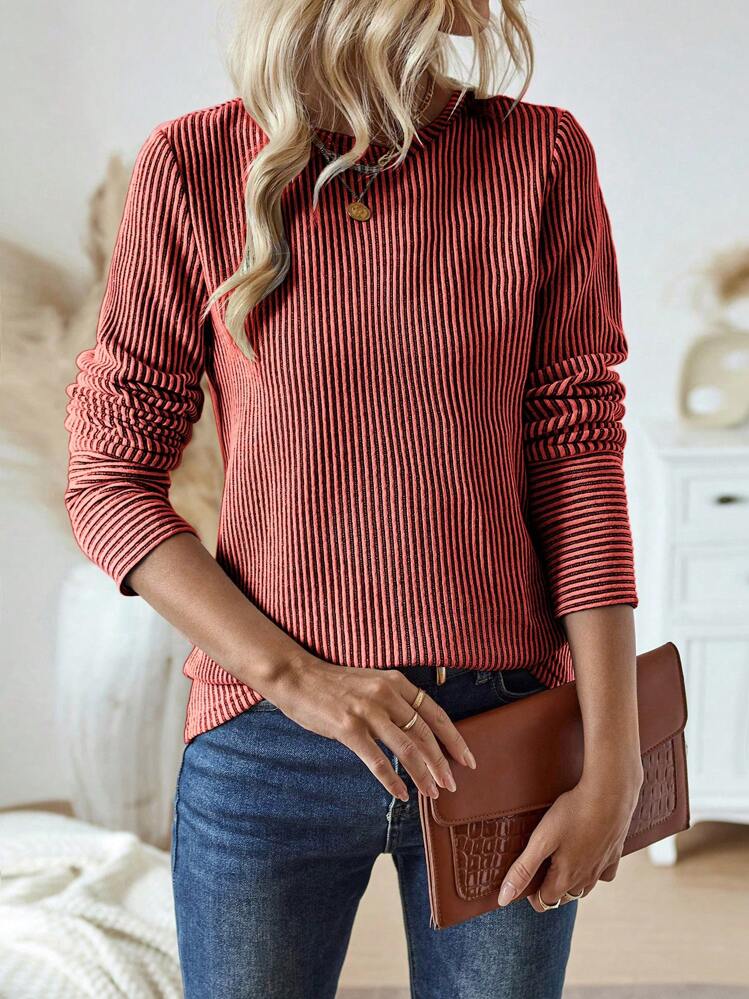 EMERY ROSE חולצת טריקו רופפת עם צווארון עגול ופסים מזדמנים לנשים, חולצות טי גרפיות סתיו לאביב - אדום - ראה 5