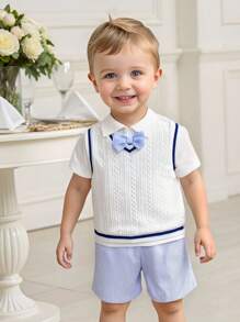 Set de 3 piezas de camisa blanca, chaleco y pantalones cortos para bebé/niño, con look de caballero y lindo, para salidas, fiestas y sesiones de fotos