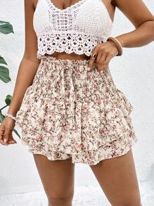 SHEIN Clasi Plus Size Holiday Floral Print Regular Spring/Summer Skort Shorts - Apricot - View 1