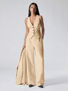 LYSMO Women 3pcs Casual Loose Suit Set: Solid Color Lapel Collar Long Sleeve Jacket, Single-Breasted Vest And Wide-Leg Pants, Autumn