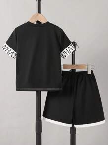 2pcs/Set Boys Colorblock Letter Graphic Short Sleeve Top And Elastic Waistband Shorts Set - Black - View 2