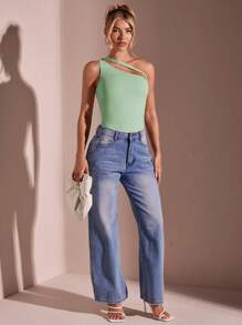 SHEIN BAE 春夏衣服度假海滩女士纯色简约日常不对称领口紧身衣女士紧身衣 - 薄荷綠 - 查看 2