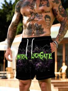 Manfinity Swimmode 男士字母印花抽绳腰沙滩短裤男士短裤图案男士短裤图案男士短裤男士图案短裤男士短裤街头哥特式图案男士泳裤 - 黑色 - 查看 5