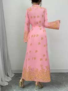 Chiquease Printed Stand Collar Long Sleeve Elegant Casual Long Dress For Women Maxi Women Outfit - Pink - View 2