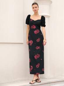 Aveloria Rosie Nuevo vestido largo elegante de primavera/verano para mujer con estampado floral negro, cuello en V, mangas abullonadas y que ciñe la cintura - Multicolor - Ver 5