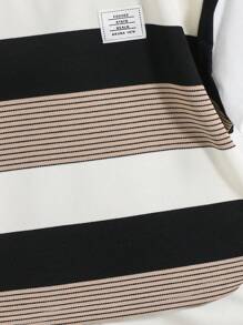 SHEIN 2 件套年轻男孩休闲校园风格舒适时尚百搭简约可爱 2 合 1 条纹圆领短袖上衣和松紧腰短裤套装，适合日常、上学、郊游、运动、春夏季，羊毛，加厚 - 卡其色 - 查看 4