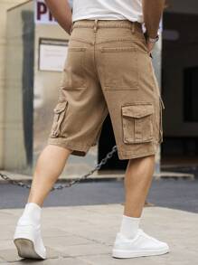 Manfinity Homme Men's Khaki Casual Cargo Denim Shorts, Solid Color Simple Fashion, Suitable For Summer - Khaki - View 2