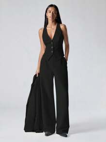 LYSMO 女士纯色 V 领背心 + 长袖夹克 + 长裤优雅套装秋冬 - 黑色 - 查看 3