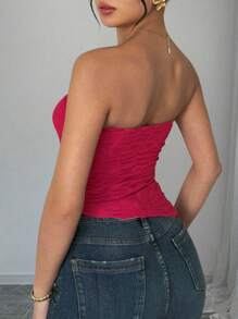 Chiquease Women Plain Textured Asymmetrical Camisole Top - Hot Pink - View 2