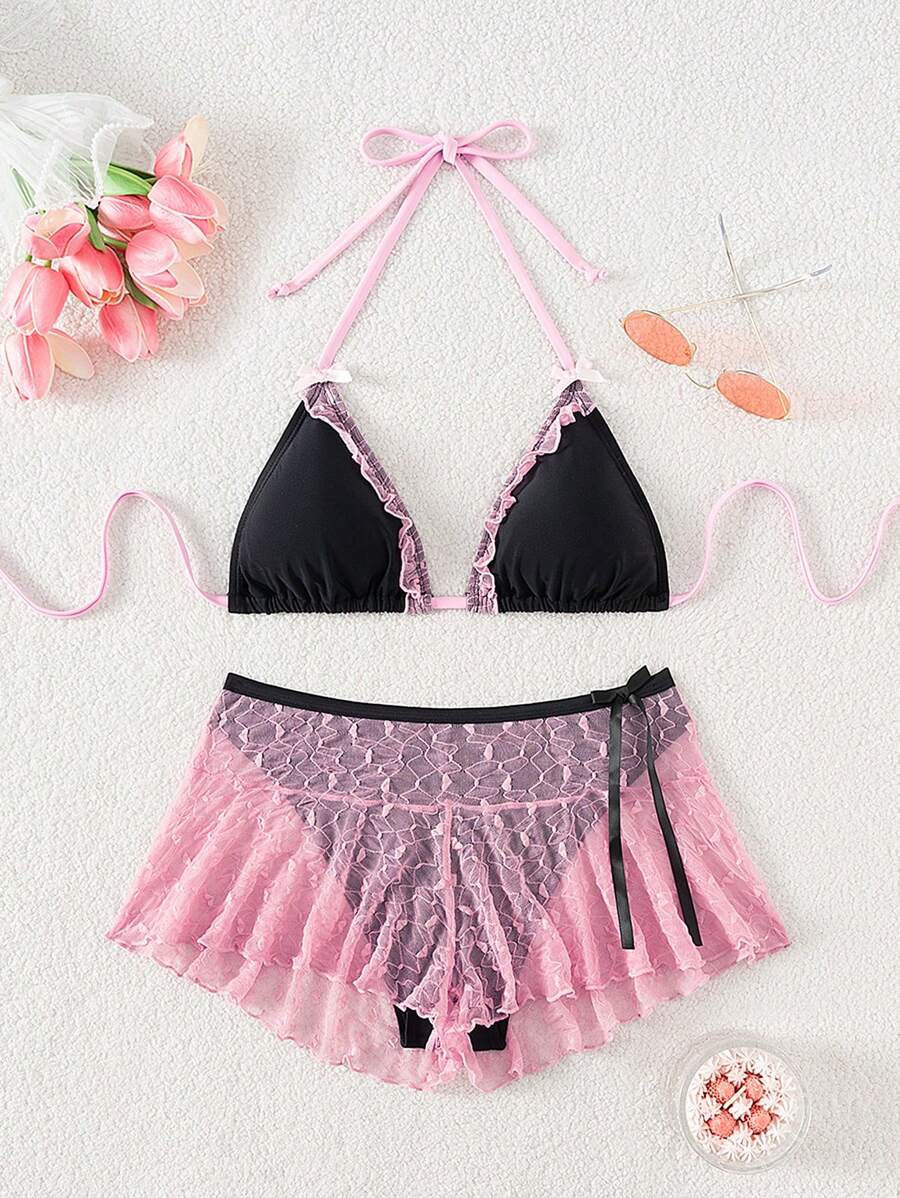 SHEIN Swim 女士领口泳装套装、吊带比基尼上衣和三角泳裤（带网眼）