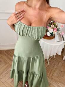 SHEIN VCAY 女式宽松编织纯色喇叭裙，适合春夏季度假，女士夏季服装，女士度假服装，女士复活节服装 - 綠色 - 查看 4