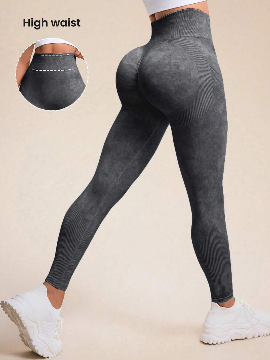 Gameset SHEIN Sport 女式高腰无缝纹理紧身瑜伽裤 - 黑色 - 查看 1