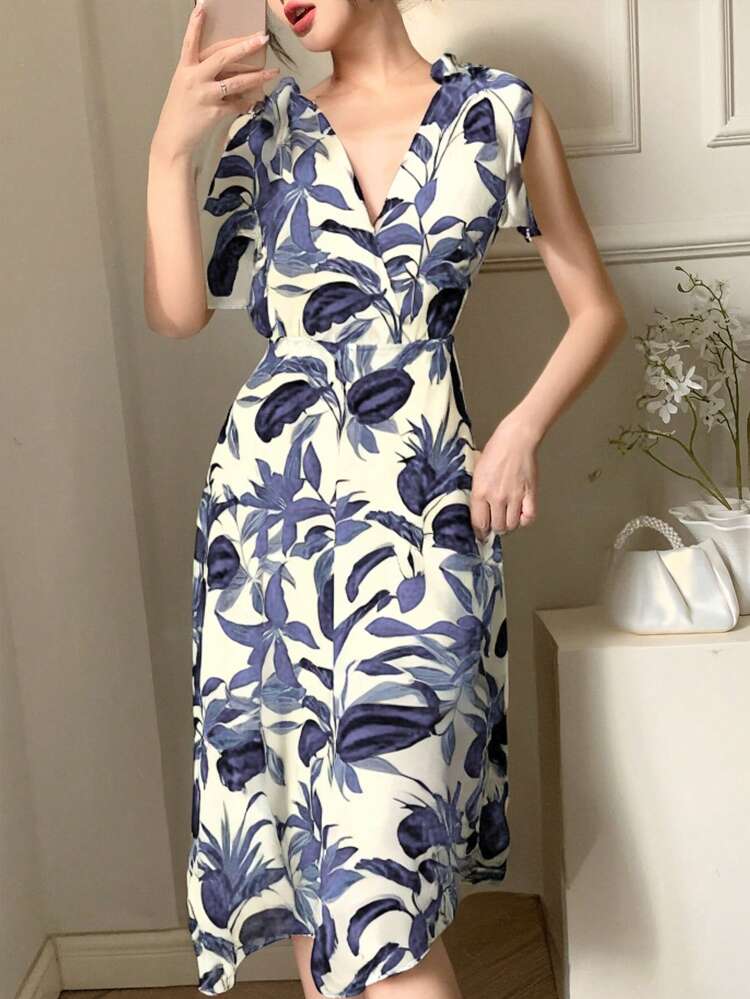 Beach Resort Blue & White Floral Print V-Neck Mid-Length Dress For Women, Summer Sundress Boho