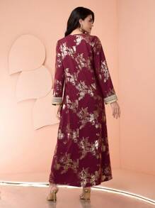 Al Najma Women's Metallic Floral Print Patchwork Belt Arabic Style Dress Women Dresses Elegant Gown Women Elegant Dresses Women Abaya Dress Women Dress Woman Dress Kaftan Jalabiya Dress - Burgundy - View 3