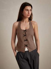 Femmeiva Women's Bow Decor Fashion Halter Neck Camisole - Khaki - View 1
