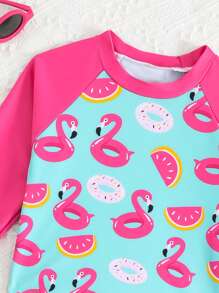 Young Girl Flamingo And Donut Print High Neck Ruffle Trim Tankini Summer Beach,Girls Surf Suit