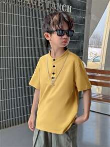 SHEIN 適合青少年男孩的舒適休閒短袖polo恤 - 黃色 - 查看 6
