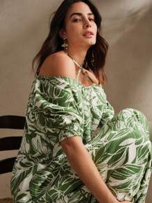 Anewsta 绿色植物与花卉印花宽松露背连衣裙，优雅且适合海滩、节日、外出、女性度假 - 綠色 - 查看 8