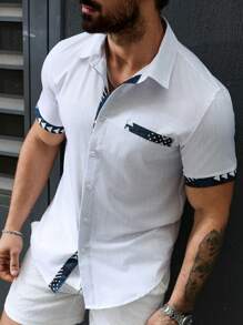 Manfinity Homme Men's Solid Color Patchwork Button Front Short Sleeve Casual Pocket Top