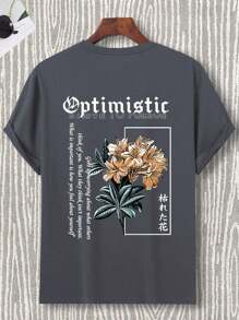 Manfinity LEGND Camiseta casual de manga corta de ajuste slim con estampado de lema y floral para hombres de talla grande, camisas de hombre, camisas urbanas, camisetas gráficas