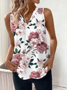 SHEIN Clasi 女士休闲花卉 V 领无袖衬衫，适合夏季 - 彩色 - 查看 3