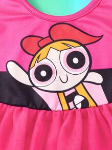 THE POWERPUFF GIRLS X SHEIN Baby Girl Cute Blossom, Bubbles, Buttercup Pattern Splice Mesh Bodysuit - Multicolor - View 4