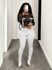 BamGleam 2pcs/Set Women Sexy Date Outfit Mesh Bow Short Cropped Long Sleeve Tee And Retro Polka Dot Flared Slit Pants - Black and White - View 5