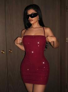 SHEIN ICON 女士春夏派对闪亮时尚性感露背闪亮水钻修身迷你连衣裙 - 酒紅色 - 查看 4