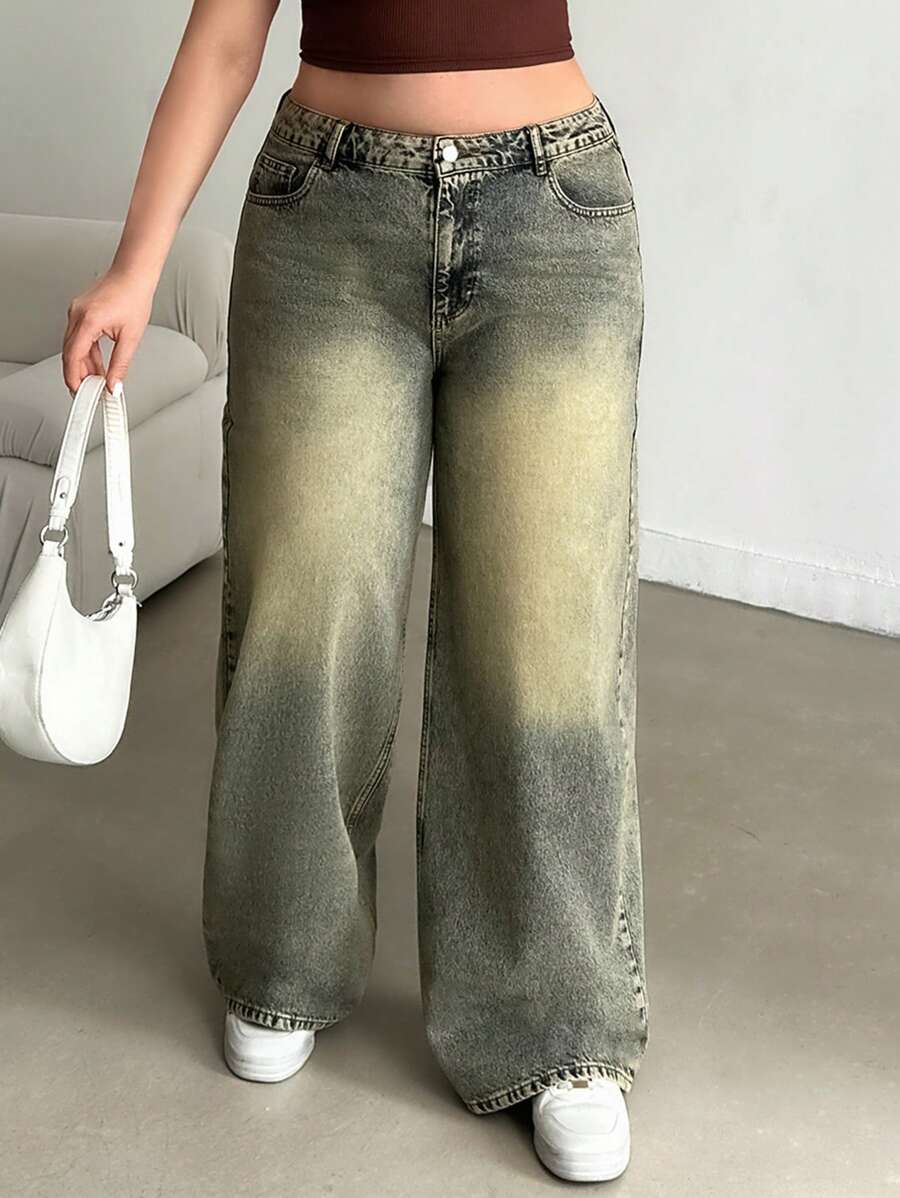RueChic WOMEN PLUS SIZE HIGH WAIST RISE WIDELEG CUT VINTAGE WASH Wide Leg Jeans Women Jeans Wide Leg - Light Wash - View 1