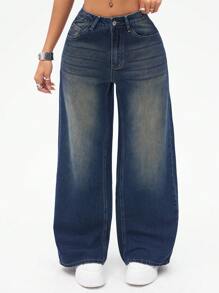 SHEIN ICON Jeans de pierna ancha y lavado vintage para mujer