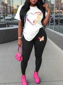 Maweii 2pcs/Set Plus Size Women Heart & Butterfly Print Round Neck Short Sleeve T-Shirt And Legging Set - Black and White - View 1