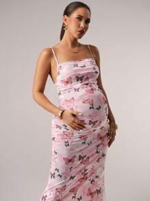 MaterniChic Pink Butterfly Print Romantic Cute Women's Sun Dress, Suitable For Brunch, Fall Wedding Guest, Homecoming, Date Night, Prom, Maternity