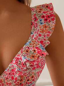 Swim Mod 2 Pieces Beach Summer Vacation Outfits For Women: V-Neck Ditsy Floral Ruffle Trim Swimwear Top And High Waist Tankini Bottom - Multicolor - View 6