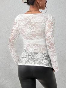 SHEIN PETITE CURVE Blusa de encaje transparente elegante y de un solo color para mujer de talla grande - Blanco - Ver 2