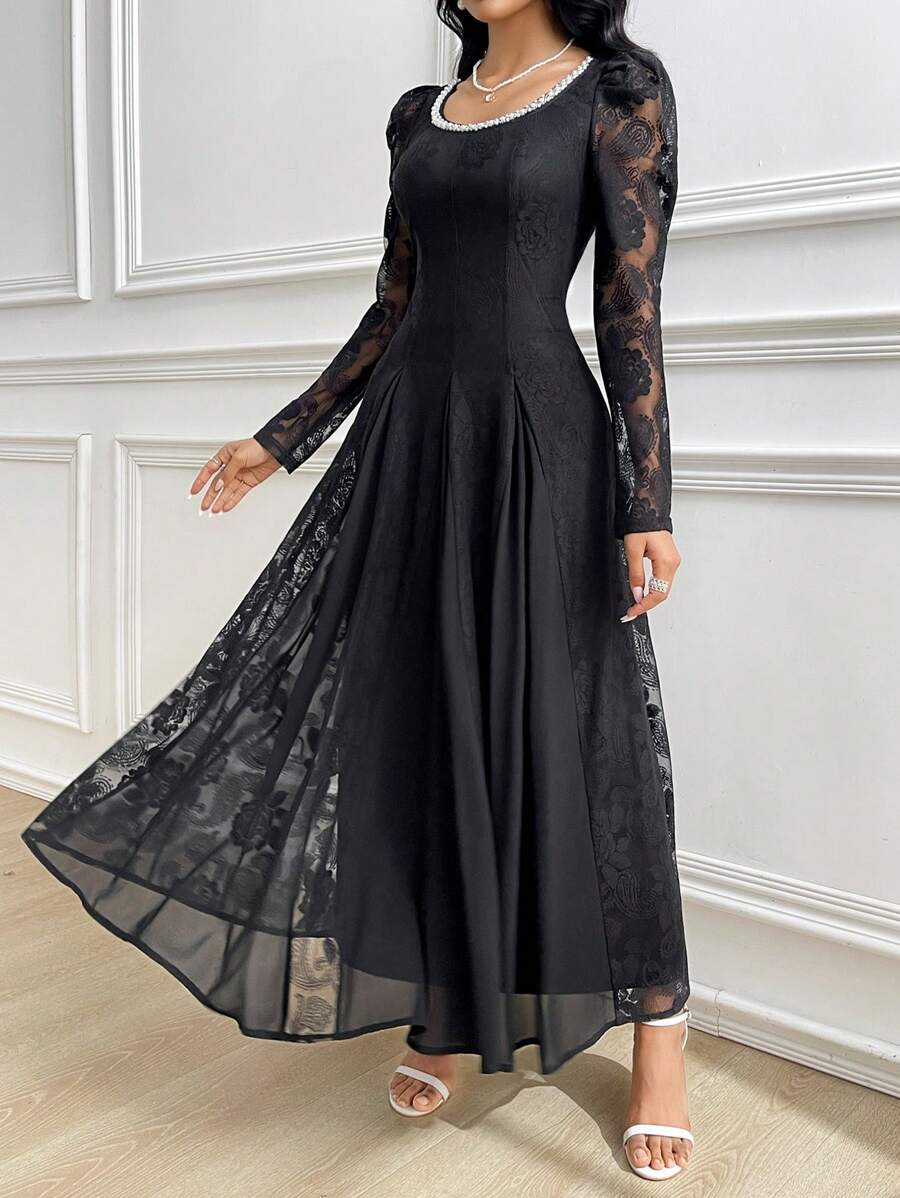 Modelyn Đầm ren thêu hoa cổ tròn thanh lịch, thắt eo bằng vải jacquard cho nữ - màu đen - Xem 1