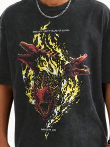 HOUSE OF THE DRAGON X SHEIN 夏季男士休闲龙与字母印花短袖 T 恤 - 黑色 - 查看 5