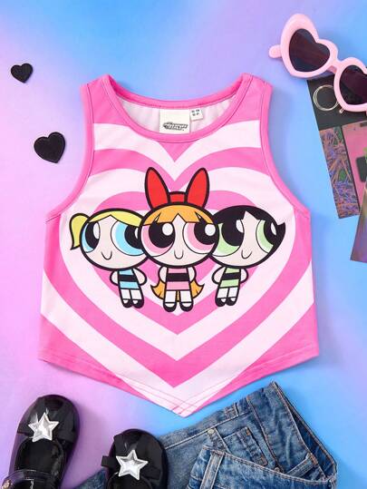 THE POWERPUFF GIRLS X SHEIN 年轻女孩 Y2K 卡通甜美休闲粉色心形印花吊带背心上衣适合春夏季