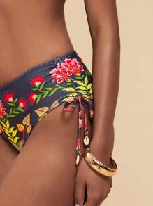 Travachic 女士可爱时尚假日印花结侧系带比基尼套装，可调节肩带花卉印花连体泳衣，合身休闲风格，夏季海滩度假，图案沙滩装女士 - 黑色 - 查看 4