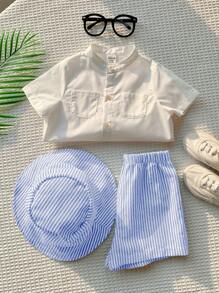 SHEIN Conjunto de 3 piezas de ropa de verano para niño/niña bebé: Sombrero de pescador a rayas, camisa blanca de botones, pantalones cortos a rayas casuales - Adecuado para interior, exterior, vacaciones