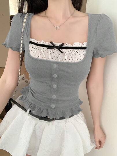 DAZY Women's Casual Bowknot Short Sleeve Contrast Color T-Shirt