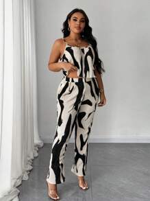 Celure 2pcs/Set Plus Size Women's Black & White Pleated Camisole Top And Casual Pants