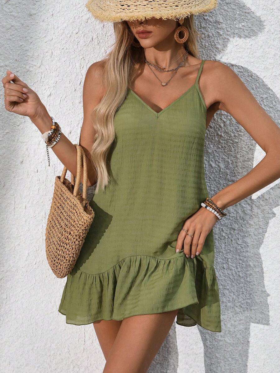 Breezaya Đầm mùa hè nữ, kiểu dáng thường ngày, đi biển, màu trơn, chất liệu vải có họa tiết, dây đeo có thể điều chỉnh, viền bèo nhún. - Màu xanh Ô liu - Xem 1