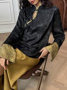 EastFlair Women Floral Jacquard Button-Up Long Sleeve Blouse - Black and Gold - View 2