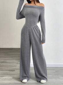 Flirla 女士不对称垂坠 V 领街头休闲商务连体裤，炭灰色 - 灰色 - 查看 7